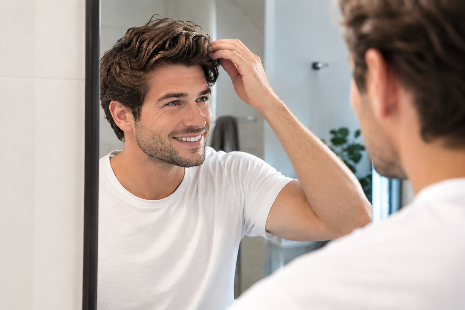 Man checking his hair in a mirror